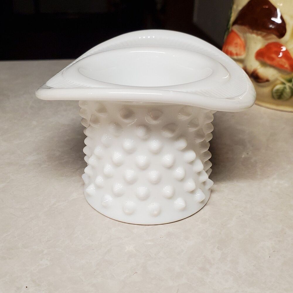 Fenton Hobnail Milk Glass Top Hat Topper Vase Votive 2"